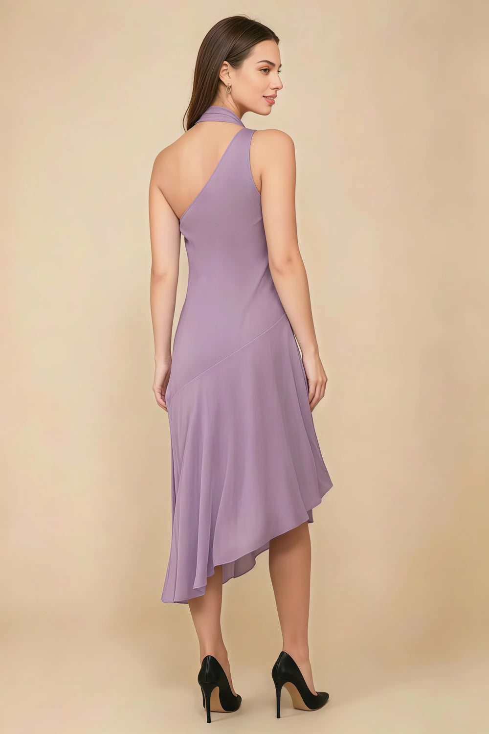 Translation missing: en.Rear three-quarter view of the LVLVS Alma wisteria midi dress, showing the diagonal back neckline and asymmetric midi skirt. content.product_image_secondary