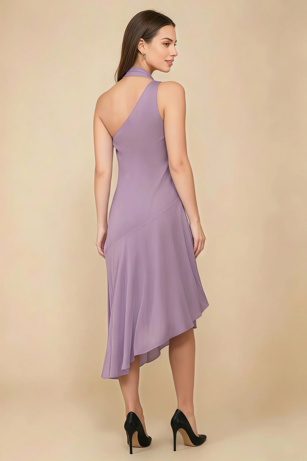 Alma Wisteria Chiffon One Shoulder Midi Dress with Scarf