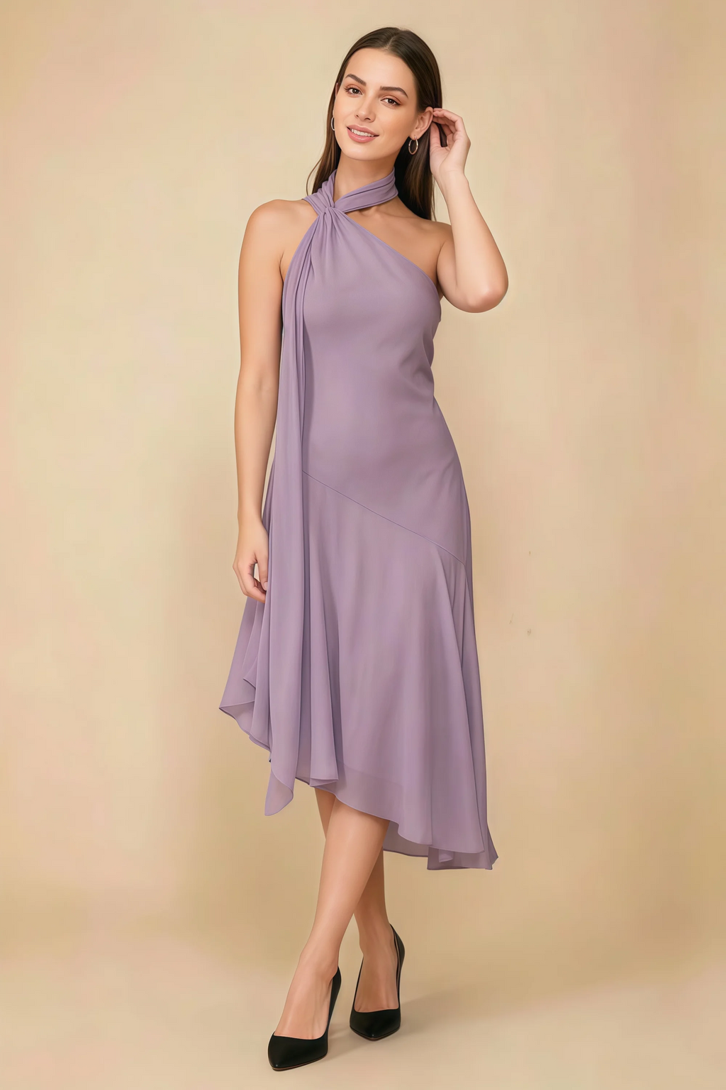 Alma Wisteria Chiffon One Shoulder Midi Dress with Scarf