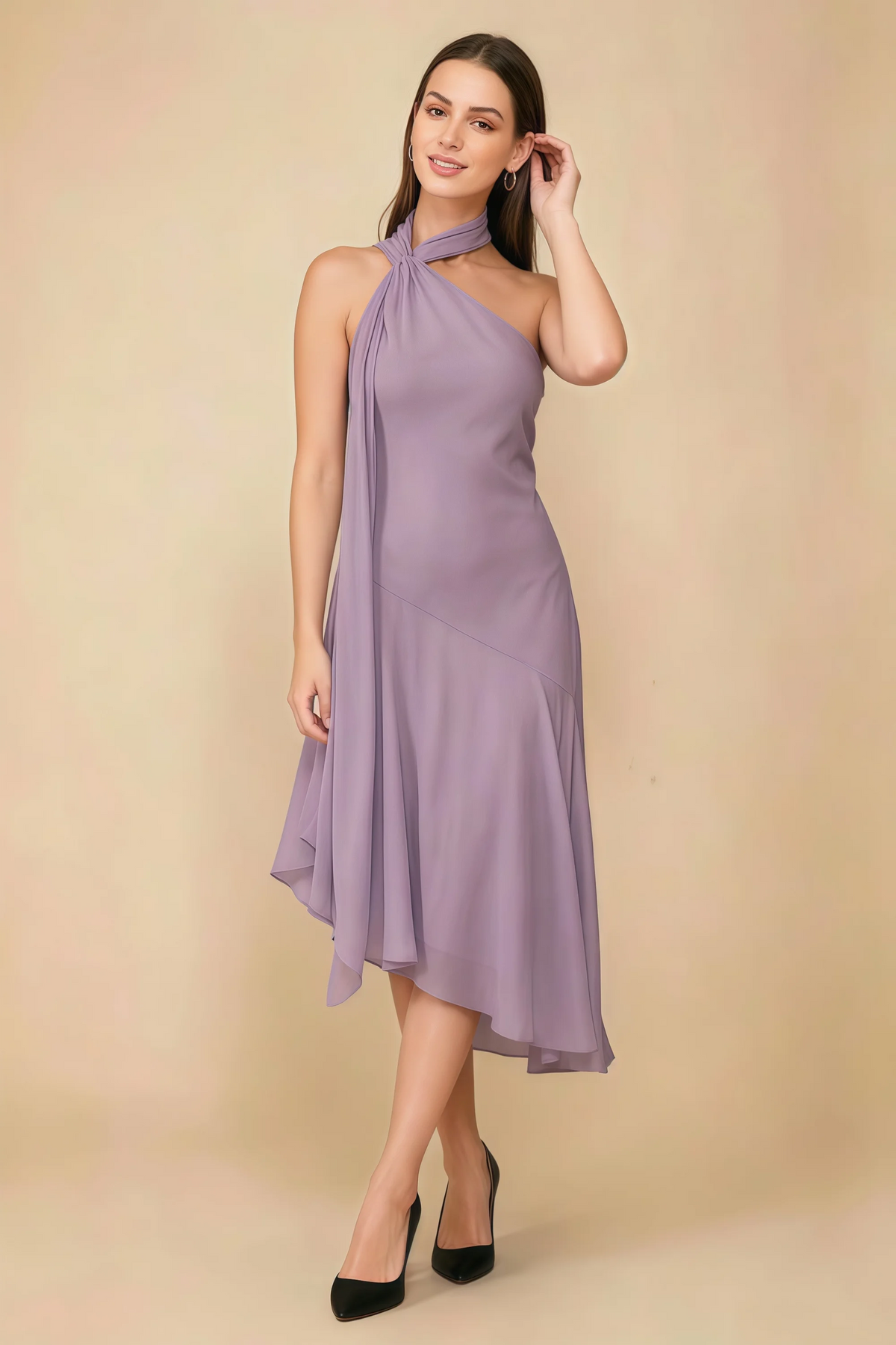 Alma Wisteria Chiffon One Shoulder Midi Dress with Scarf