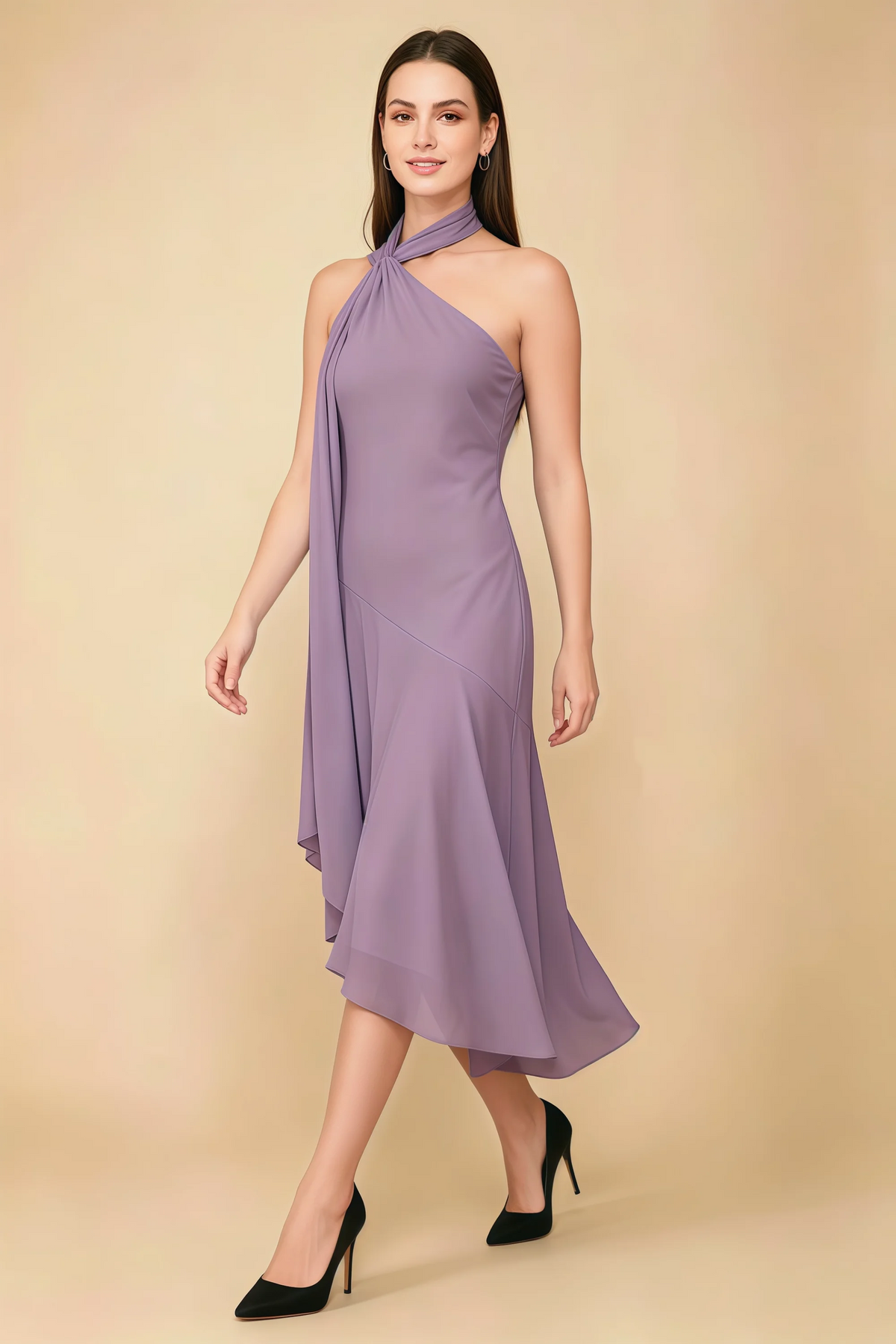 Alma Wisteria Chiffon One Shoulder Midi Dress with Scarf