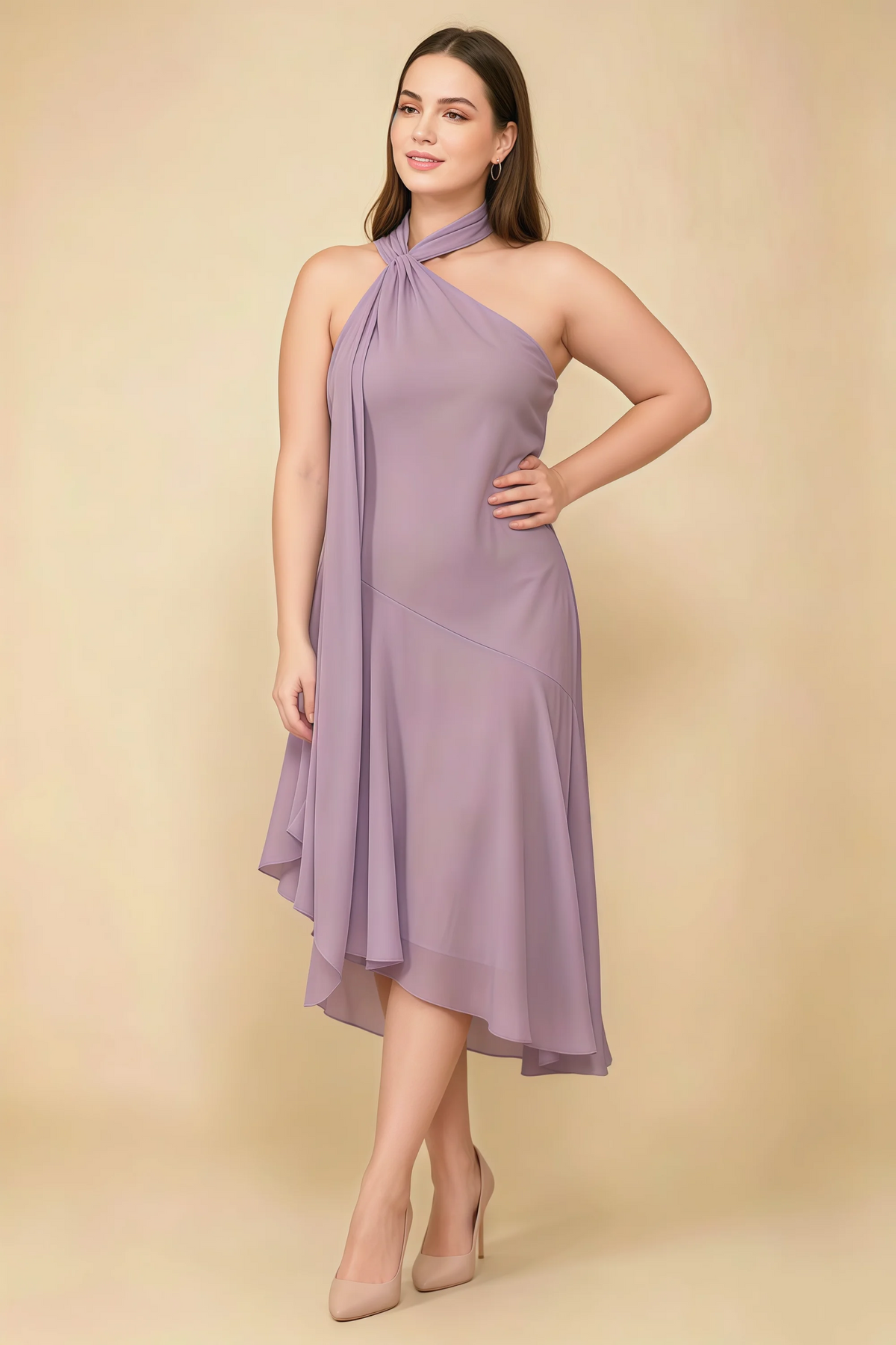 Alma Wisteria Chiffon One Shoulder Midi Dress with Scarf