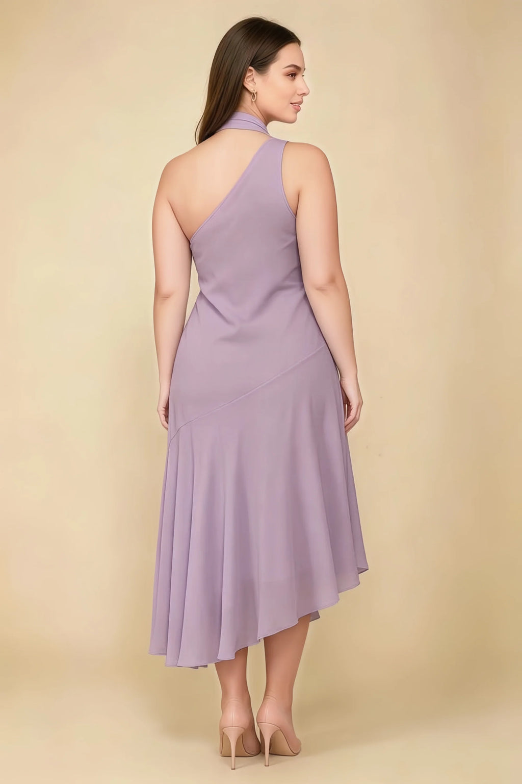 Alma Wisteria Chiffon One Shoulder Midi Dress with Scarf
