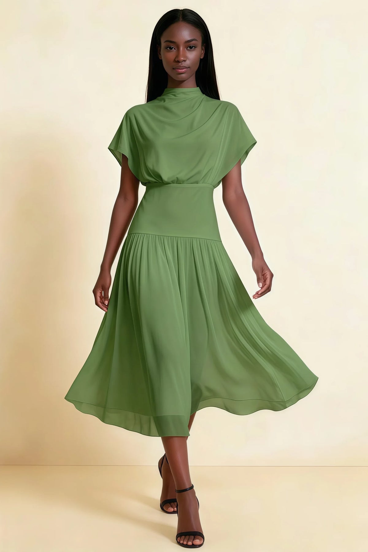 Alva Basil High Neck Gathered Skirt Midi Dress Imagen principal del producto