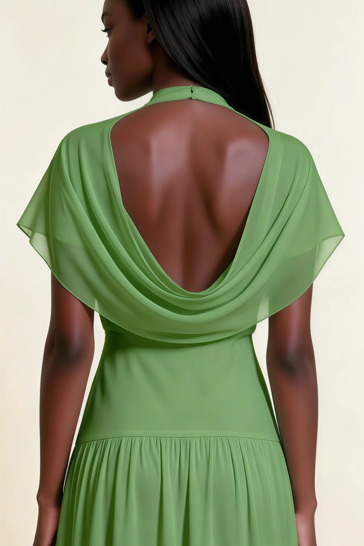 Alva Basil High Neck Gathered Skirt Midi Dress