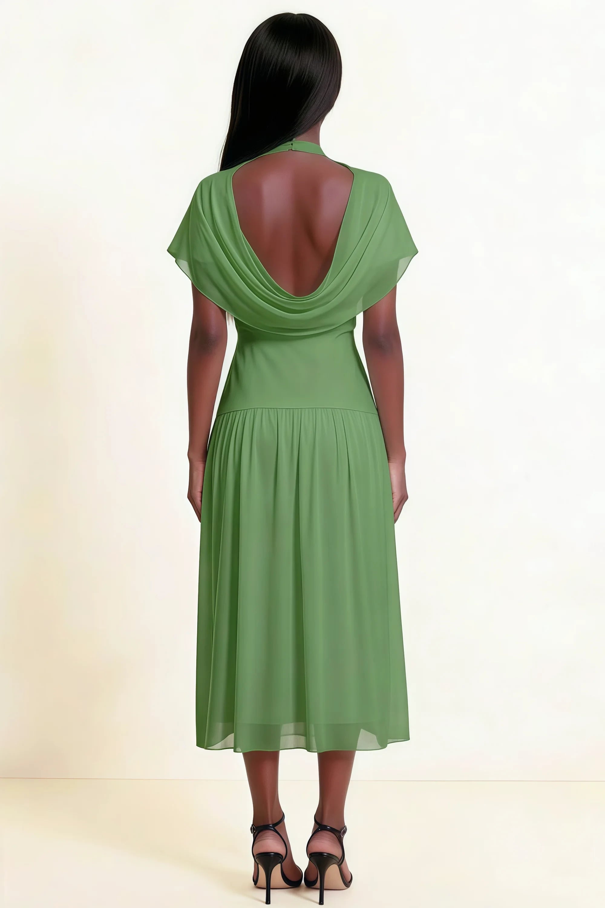 Alva Basil High Neck Gathered Skirt Midi Dress Imagen secundaria del producto