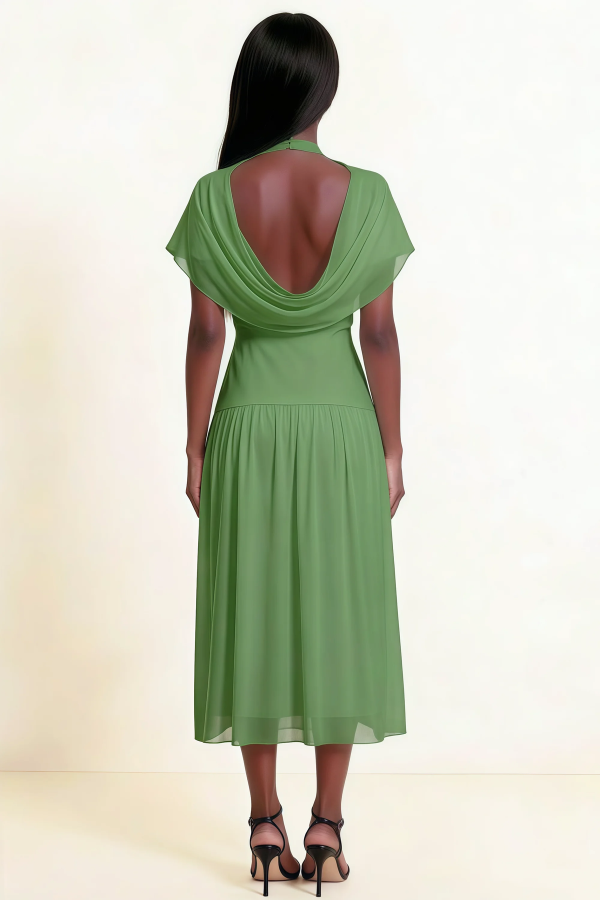 Alva Basil High Neck Gathered Skirt Midi Dress