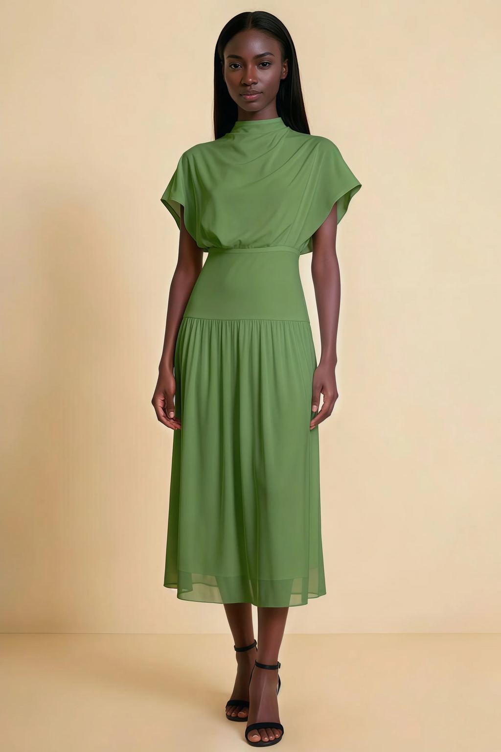 Alva Basil High Neck Gathered Skirt Midi Dress