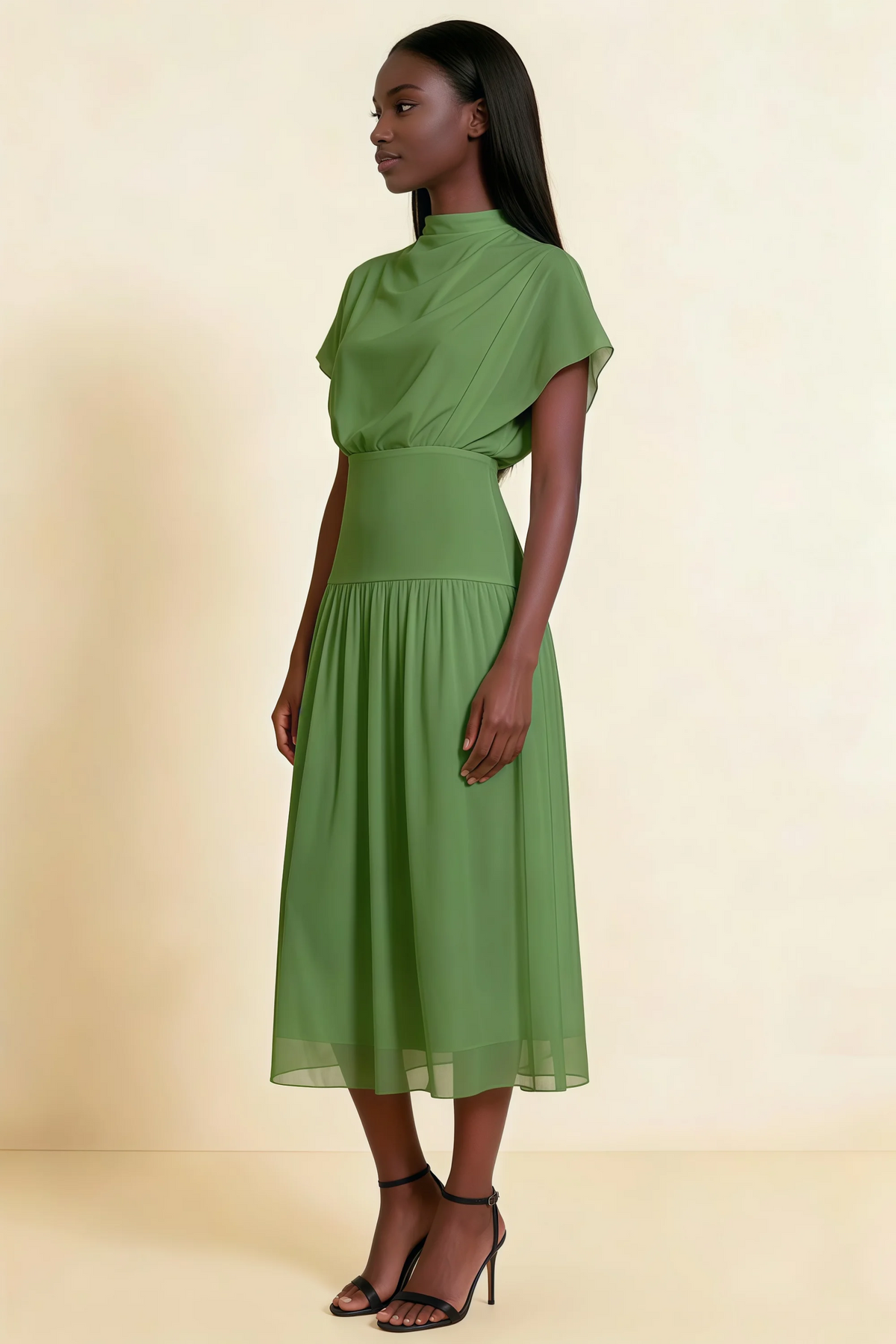 Alva Basil High Neck Gathered Skirt Midi Dress