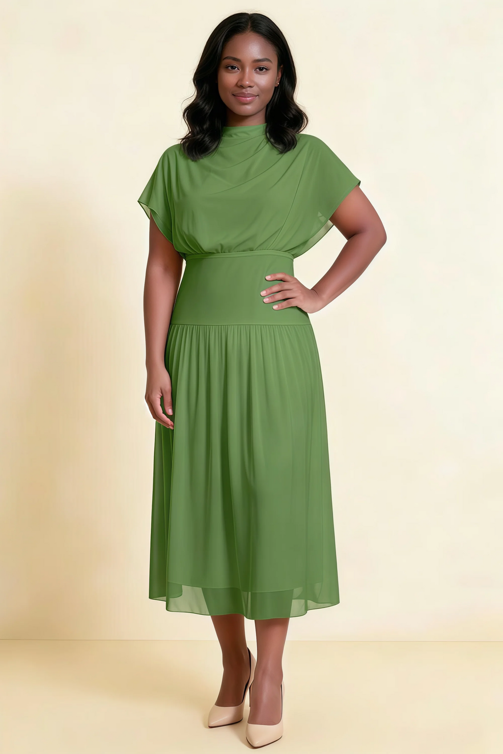 Alva Basil High Neck Gathered Skirt Midi Dress