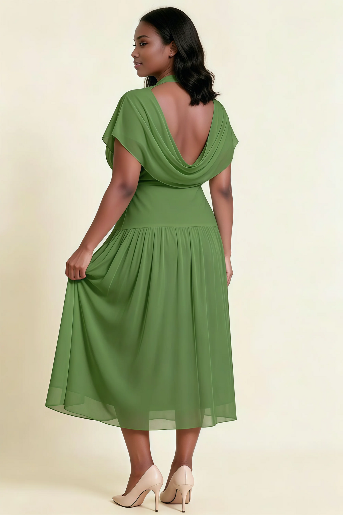 Alva Basil High Neck Gathered Skirt Midi Dress