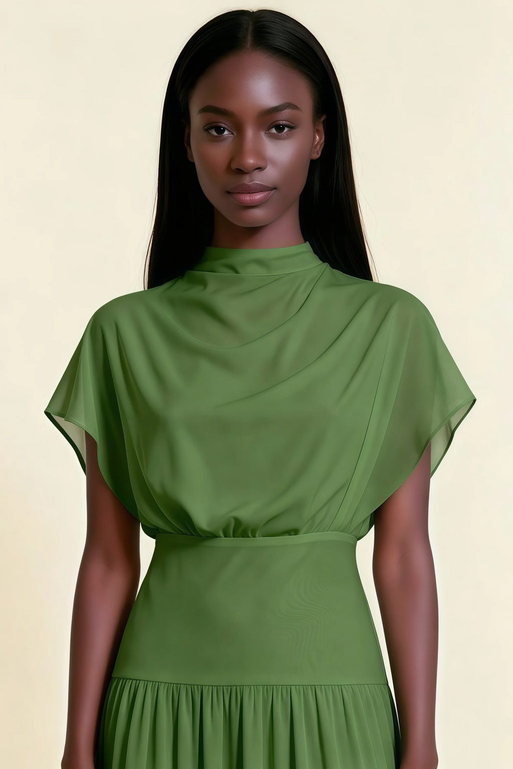 Alva Basil High Neck Gathered Skirt Midi Dress