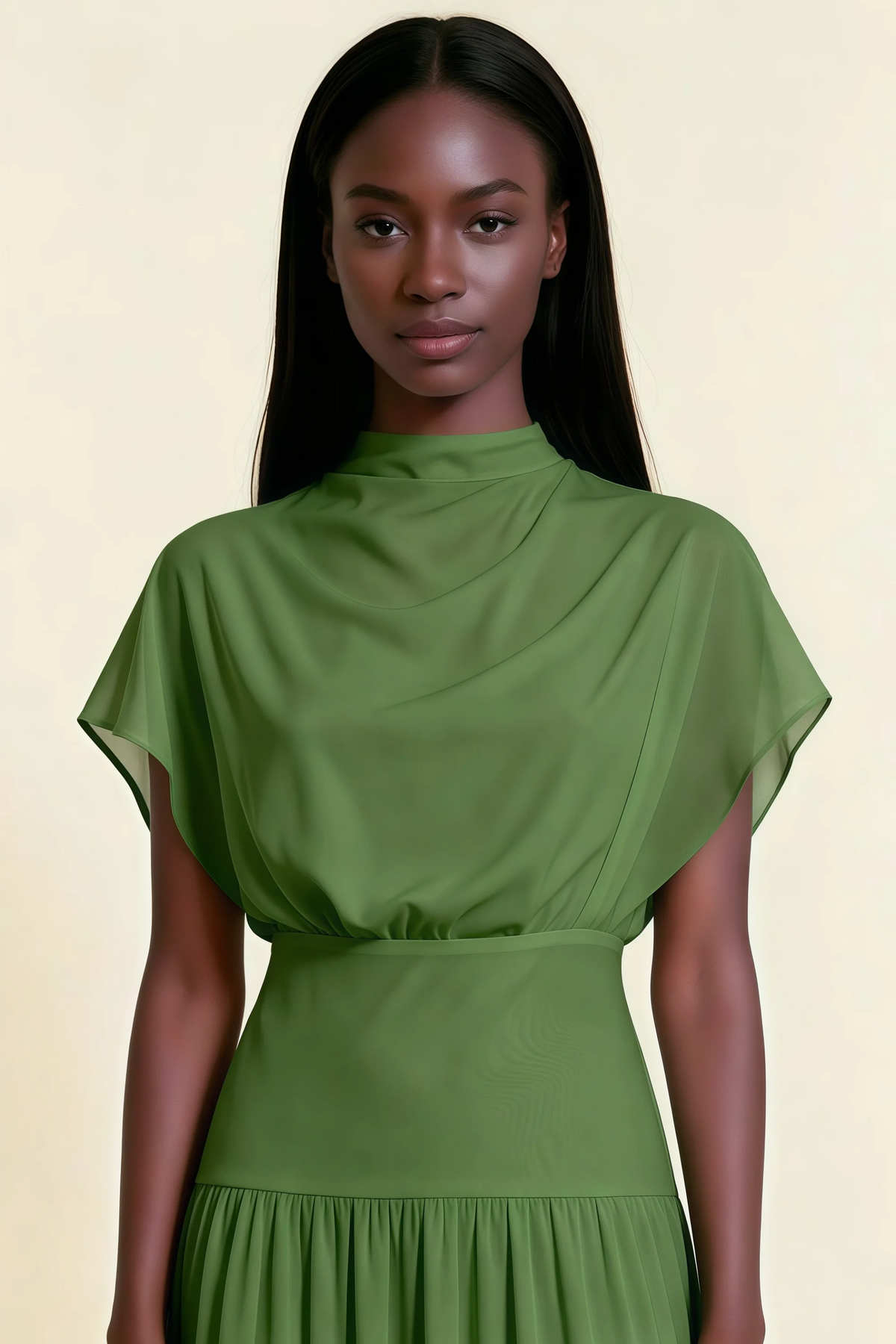 Alva Basil High Neck Gathered Skirt Midi Dress