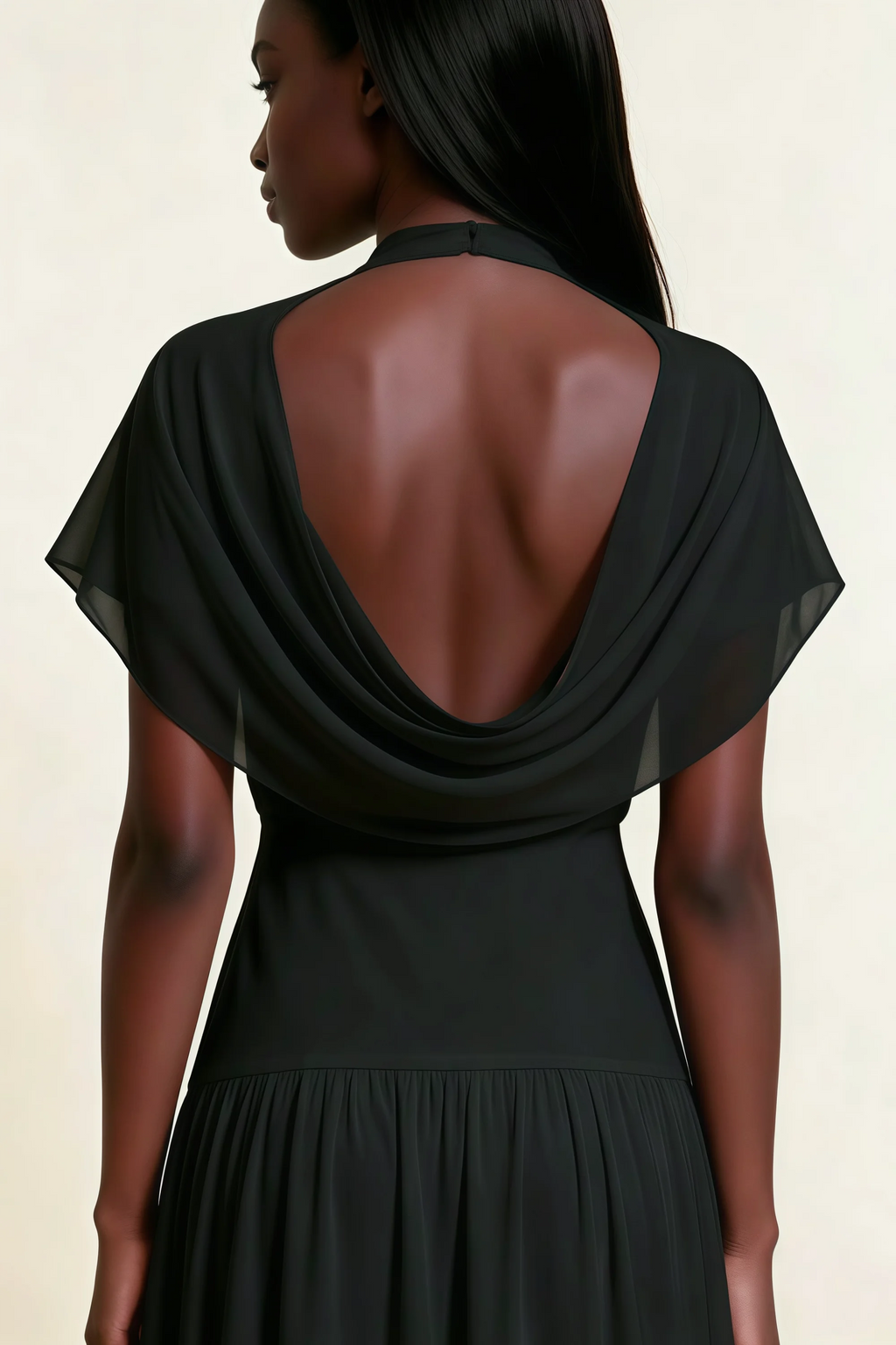 Alva Black High Neck Gathered Skirt Midi Dress
