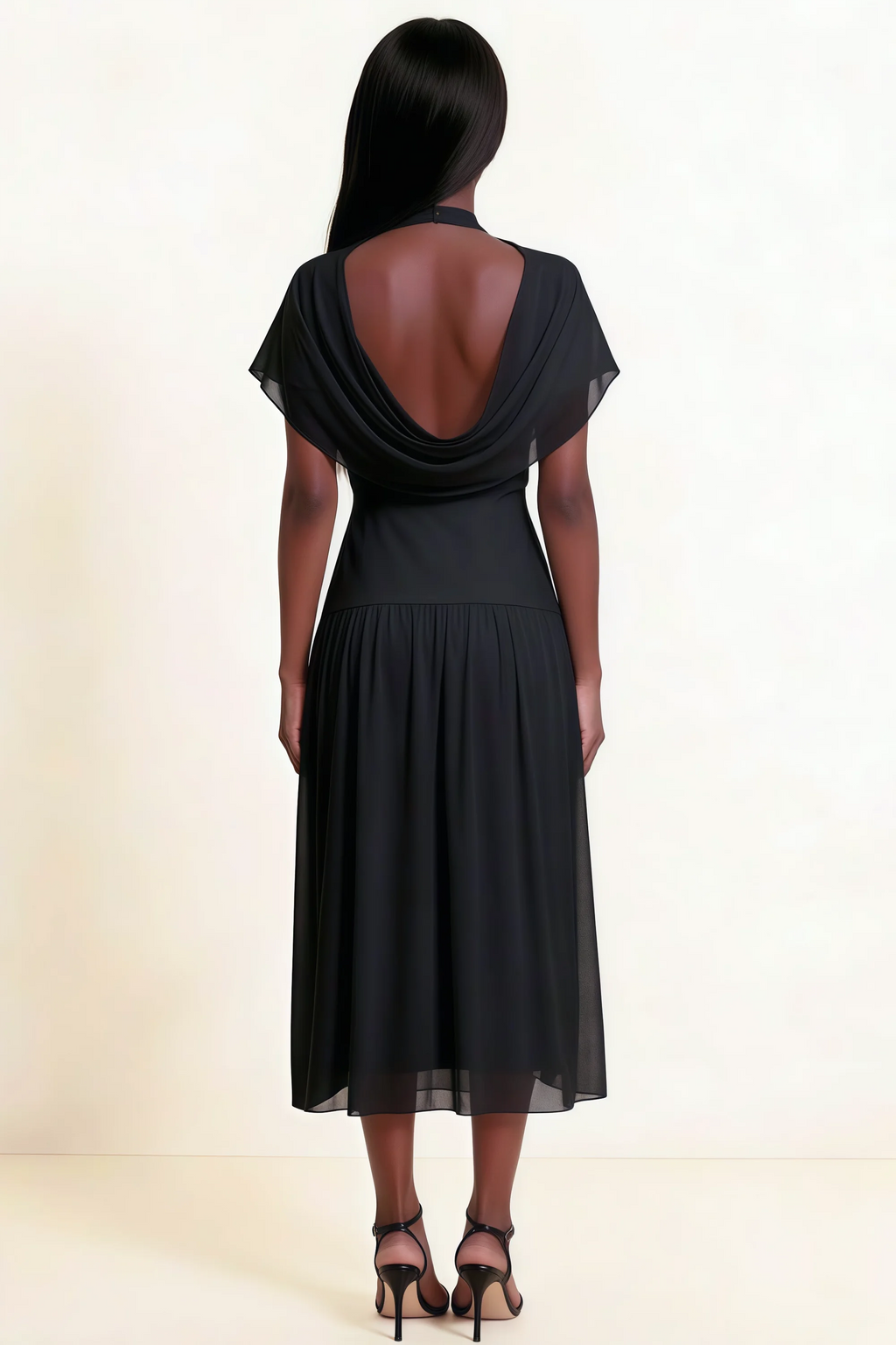 Alva Black High Neck Gathered Skirt Midi Dress