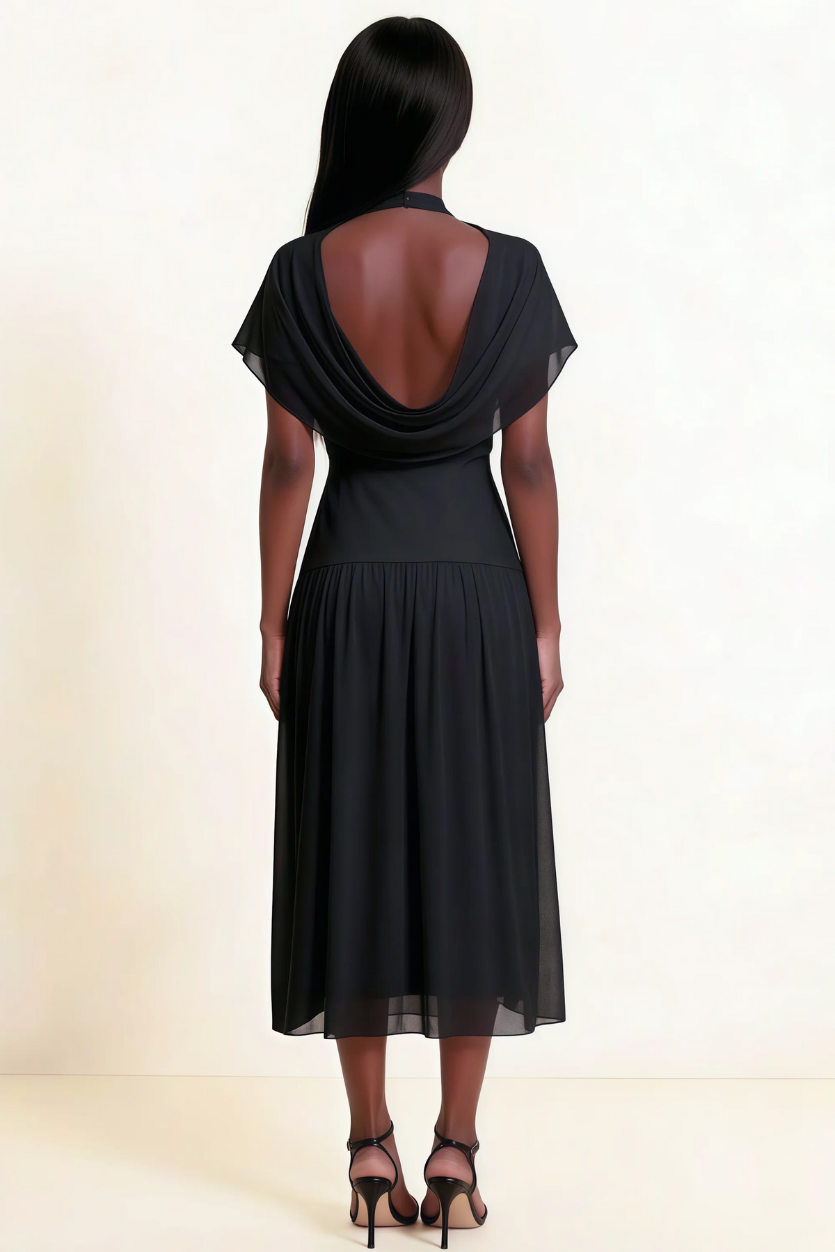 Alva Black High Neck Gathered Skirt Midi Dress