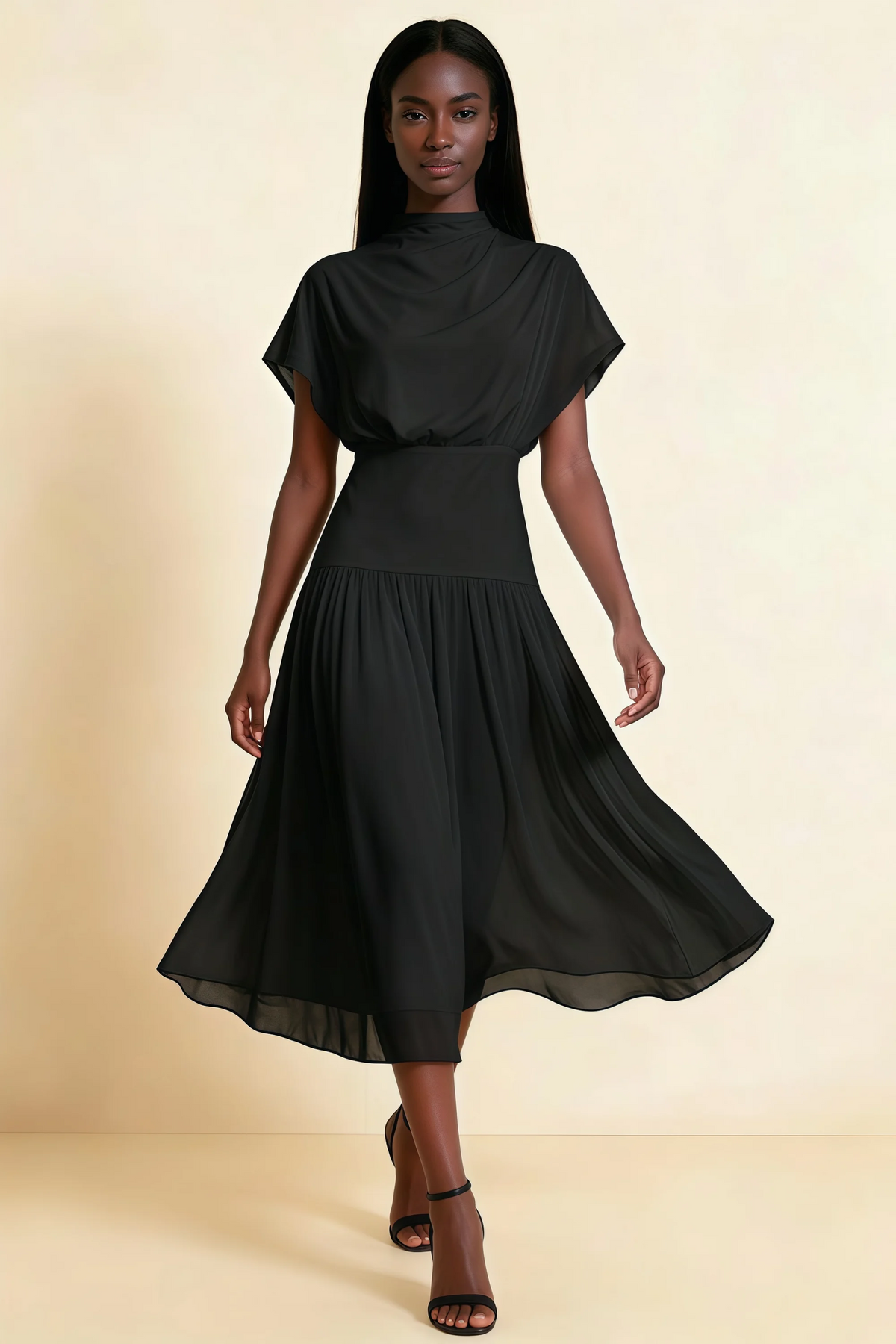 Alva Black High Neck Gathered Skirt Midi Dress