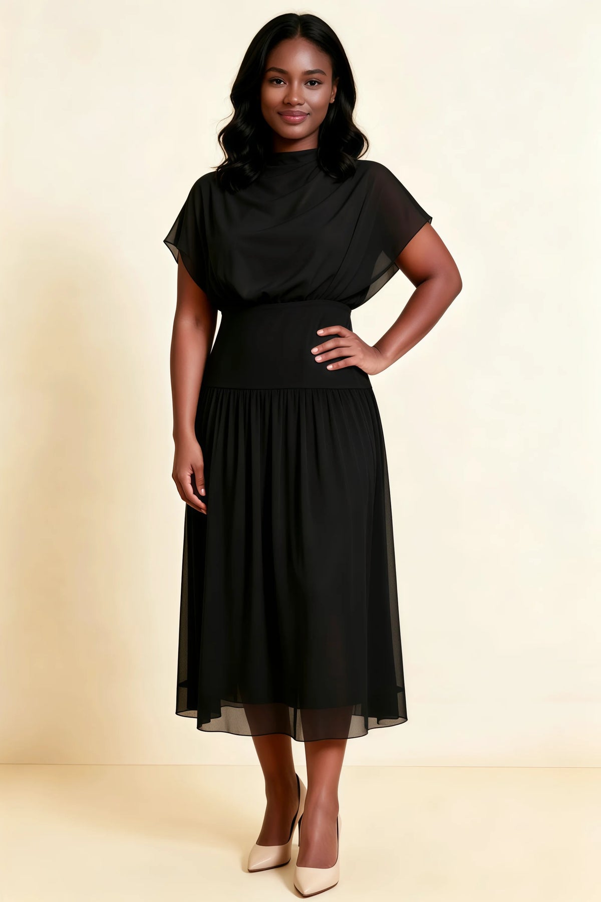 Alva Black High Neck Gathered Skirt Midi Dress