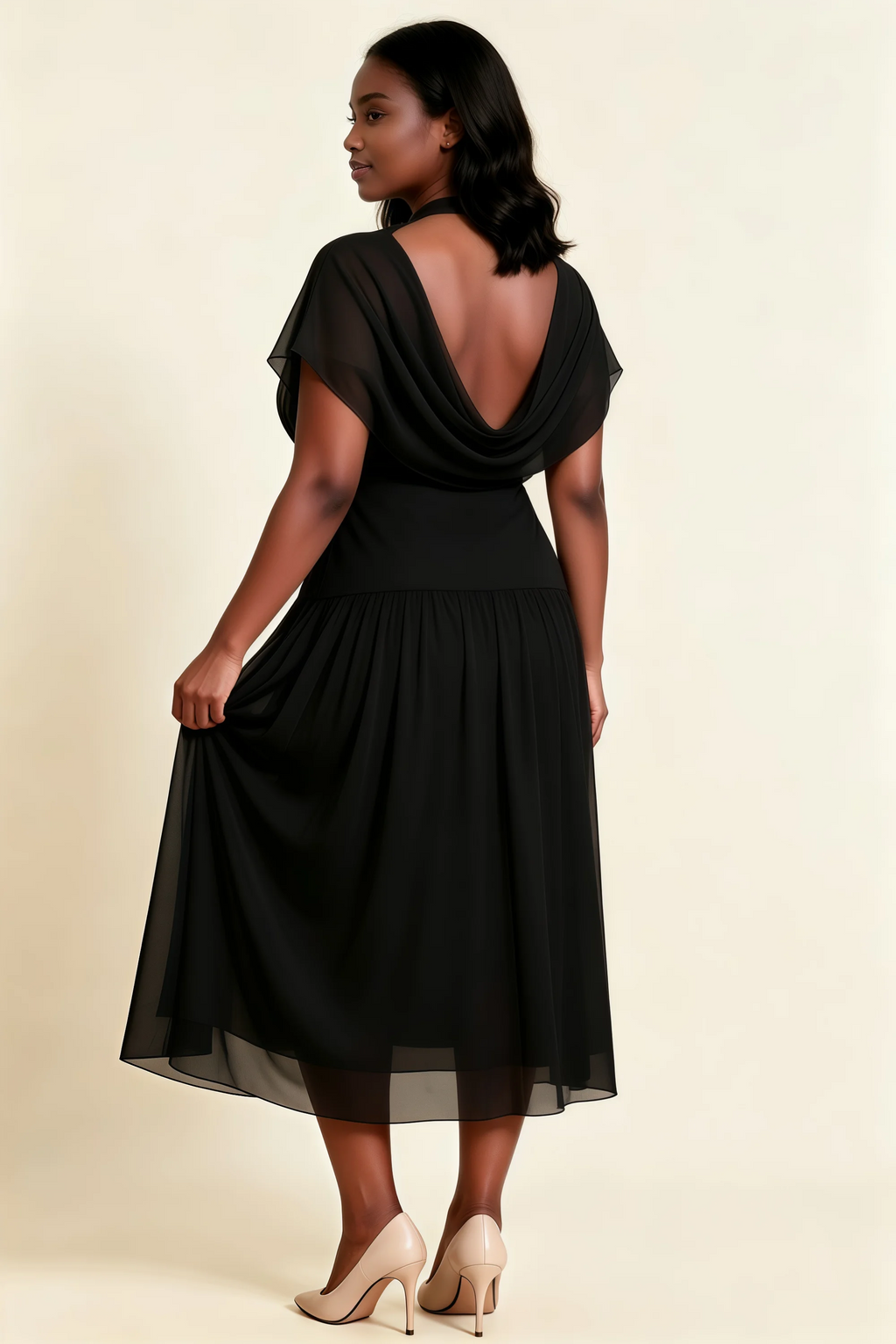 Alva Black High Neck Gathered Skirt Midi Dress