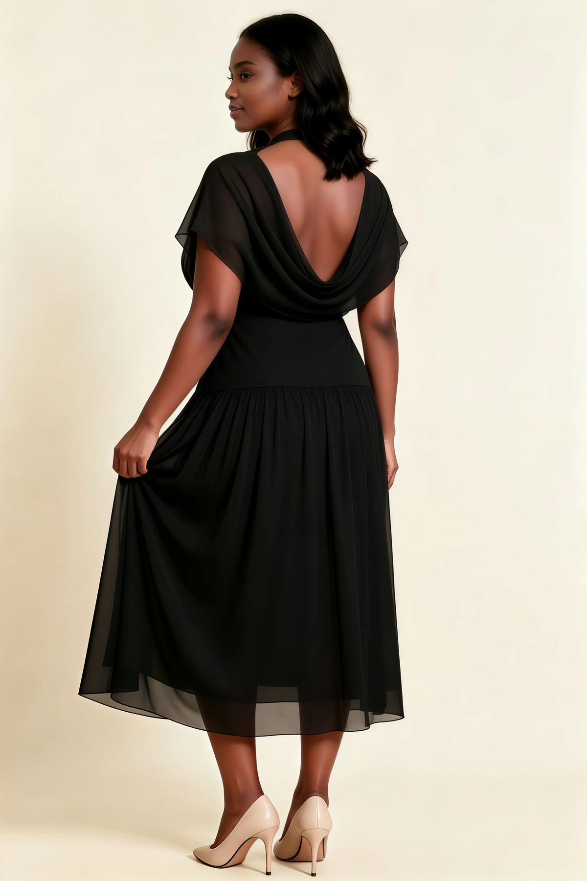Alva Black High Neck Gathered Skirt Midi Dress