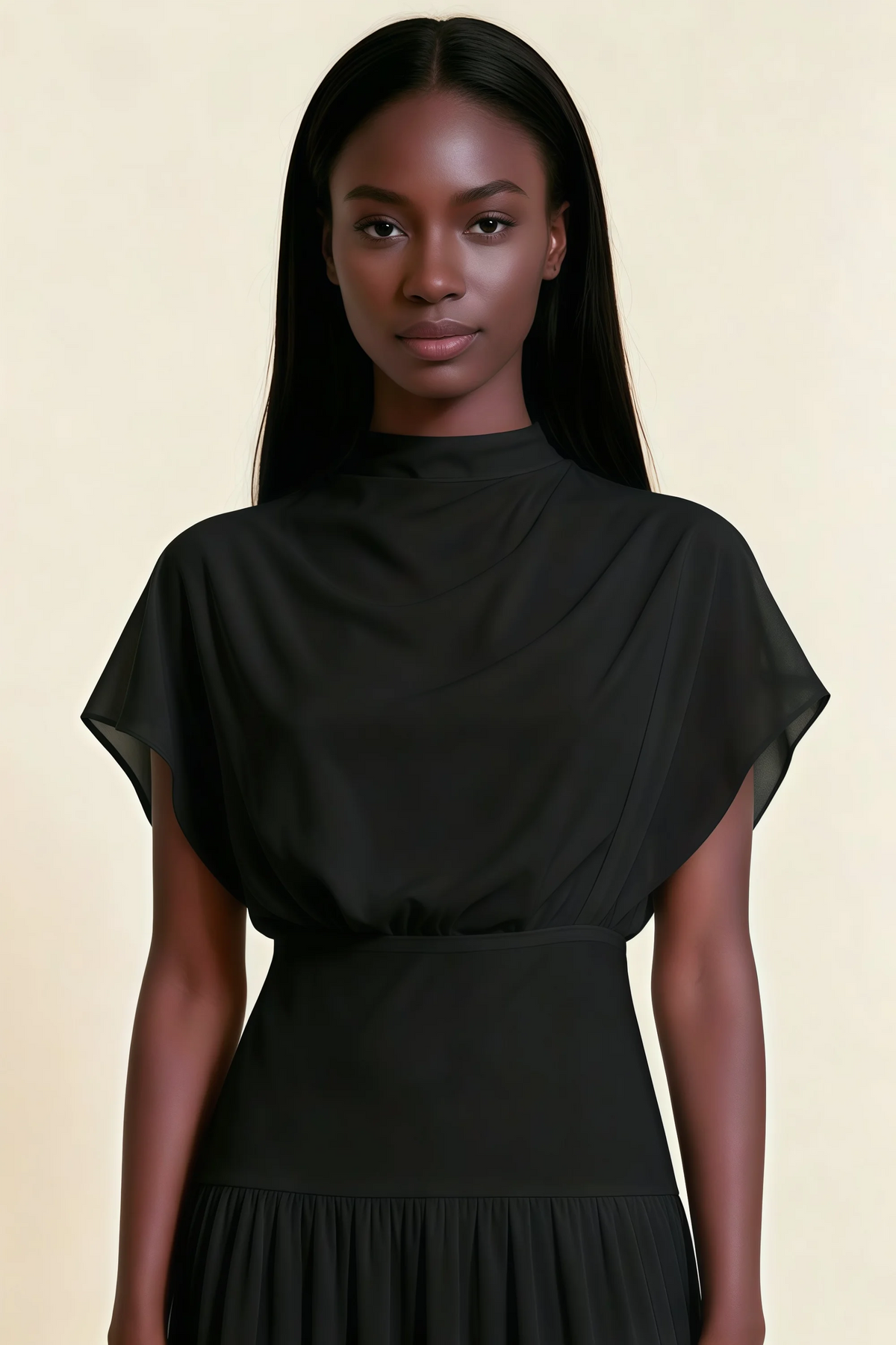 Alva Black High Neck Gathered Skirt Midi Dress
