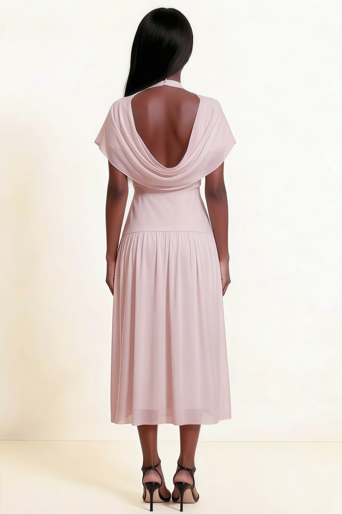 Alva Blush High Neck Gathered Skirt Midi Dress