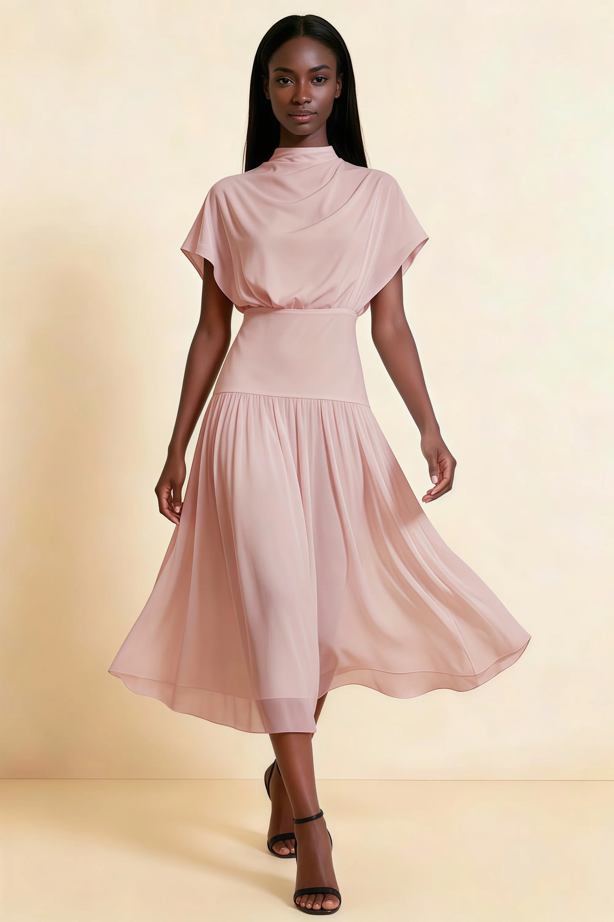 Alva Blush High Neck Gathered Skirt Midi Dress