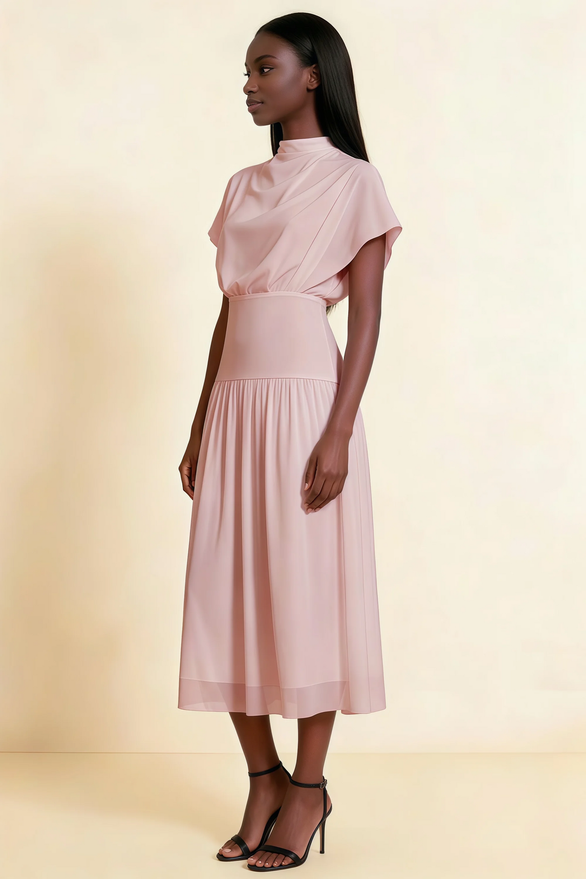 Alva Blush High Neck Gathered Skirt Midi Dress