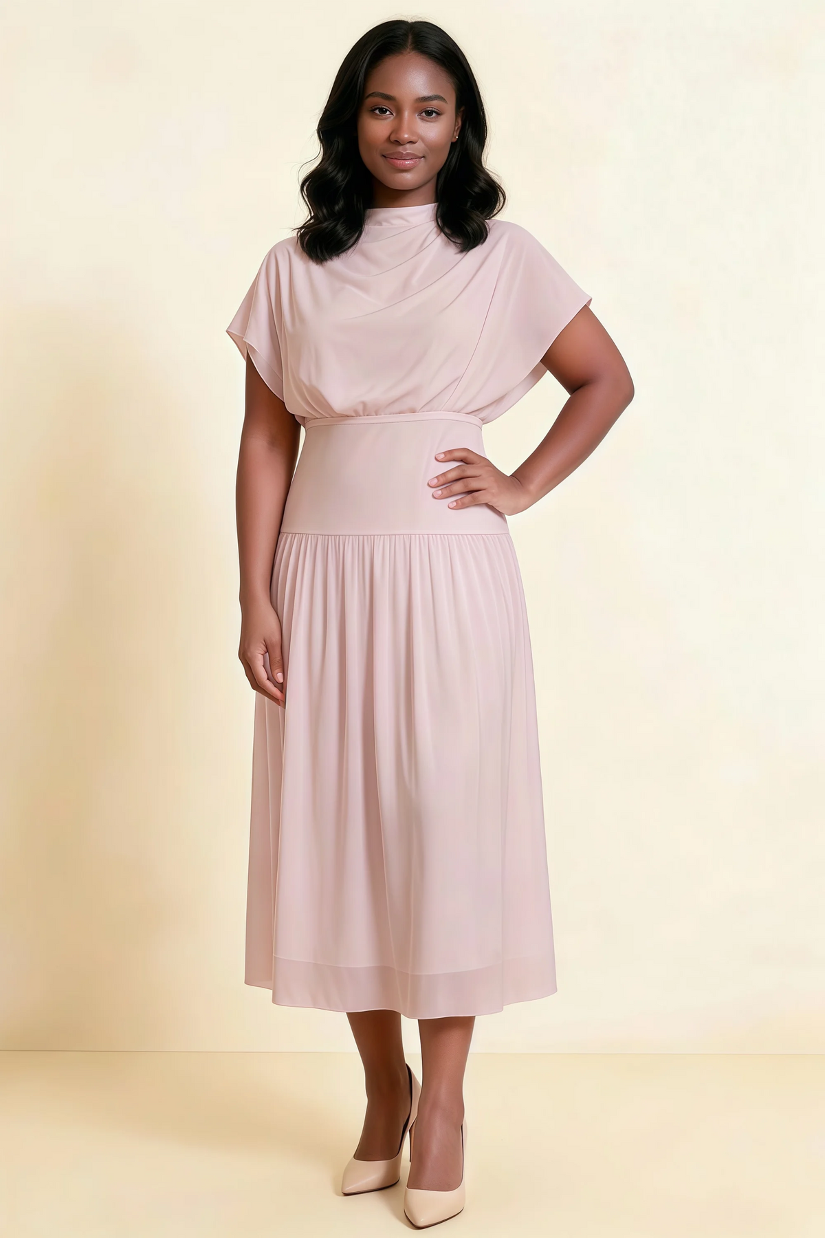 Alva Blush High Neck Gathered Skirt Midi Dress