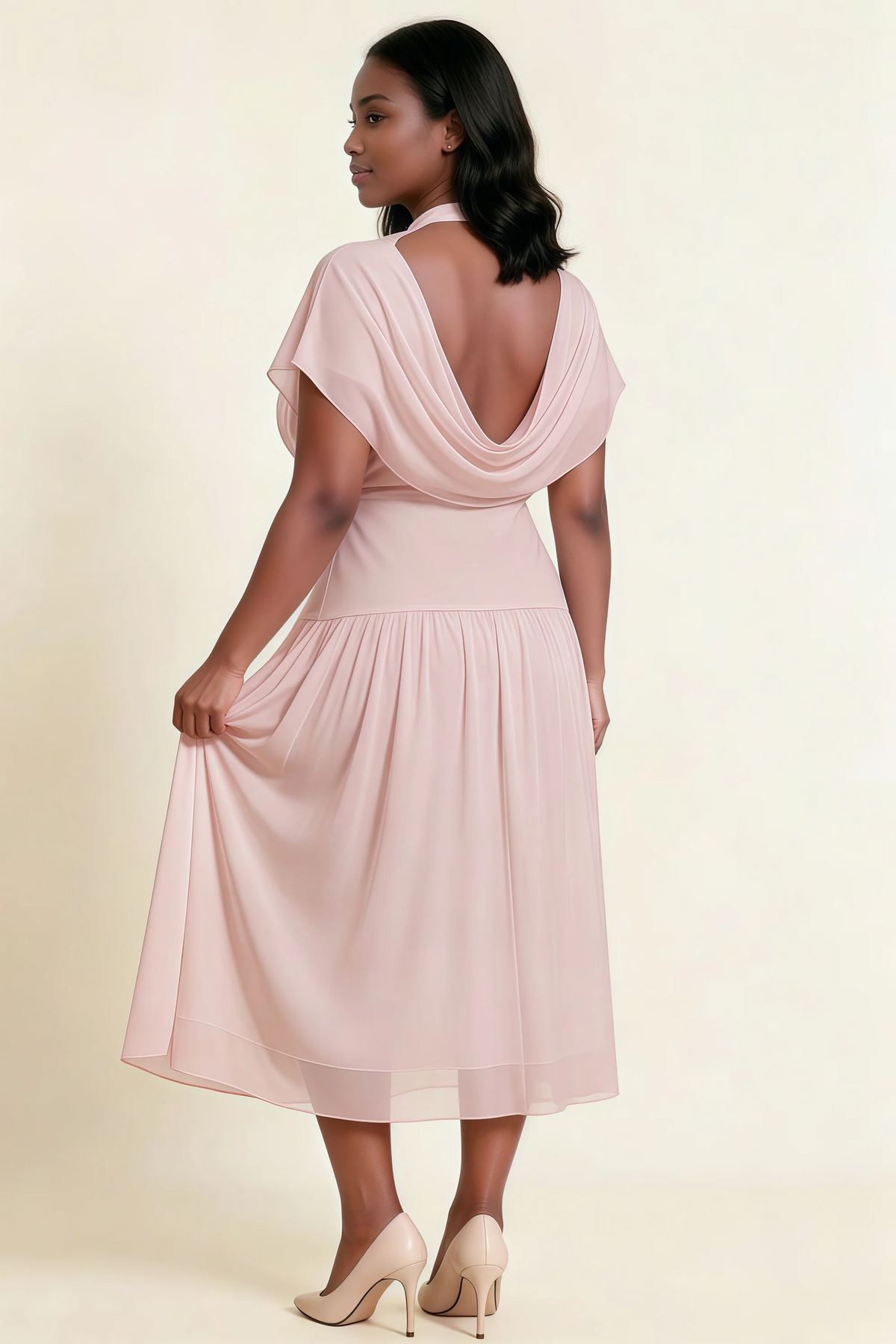 Alva Blush High Neck Gathered Skirt Midi Dress