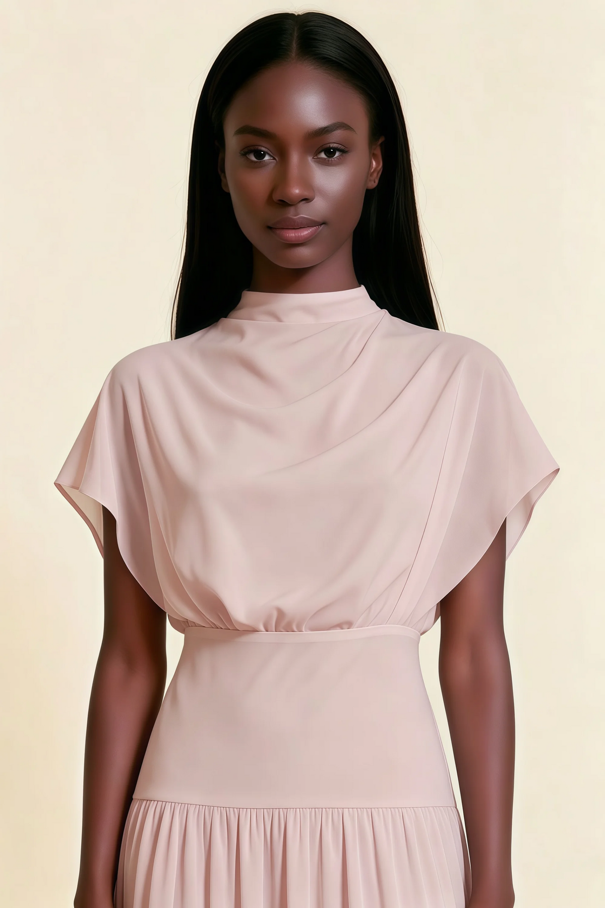 Alva Blush High Neck Gathered Skirt Midi Dress