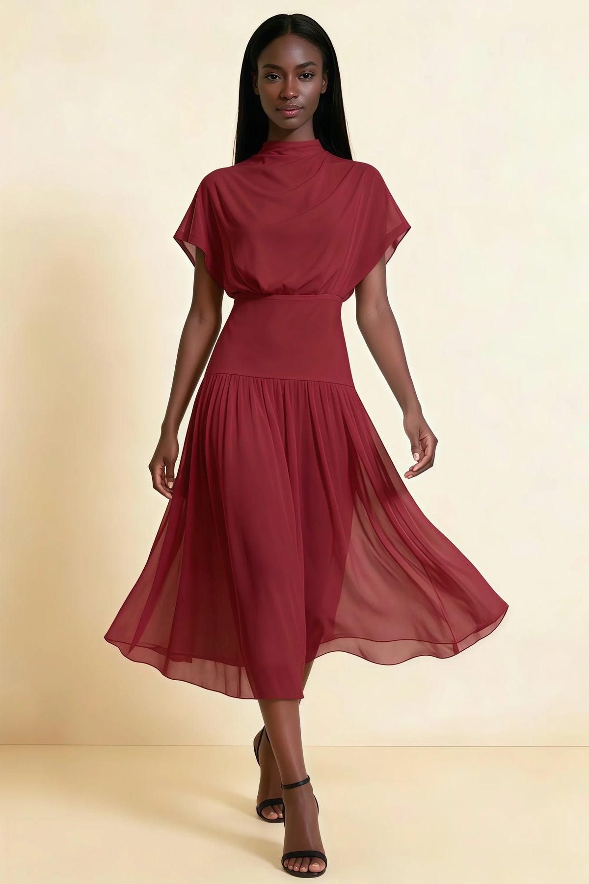 Alva Burgundy High Neck Gathered Skirt Midi Dress Imagen principal del producto