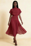 Alva Burgundy High Neck Gathered Skirt Midi Dress