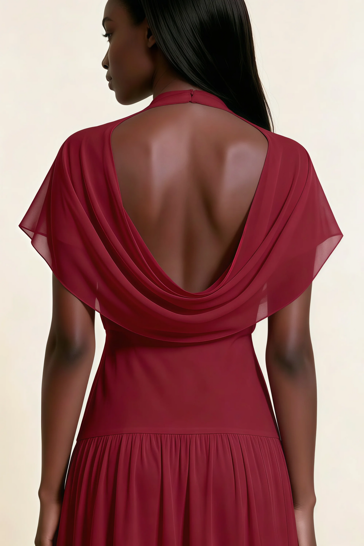 Alva Burgundy High Neck Gathered Skirt Midi Dress