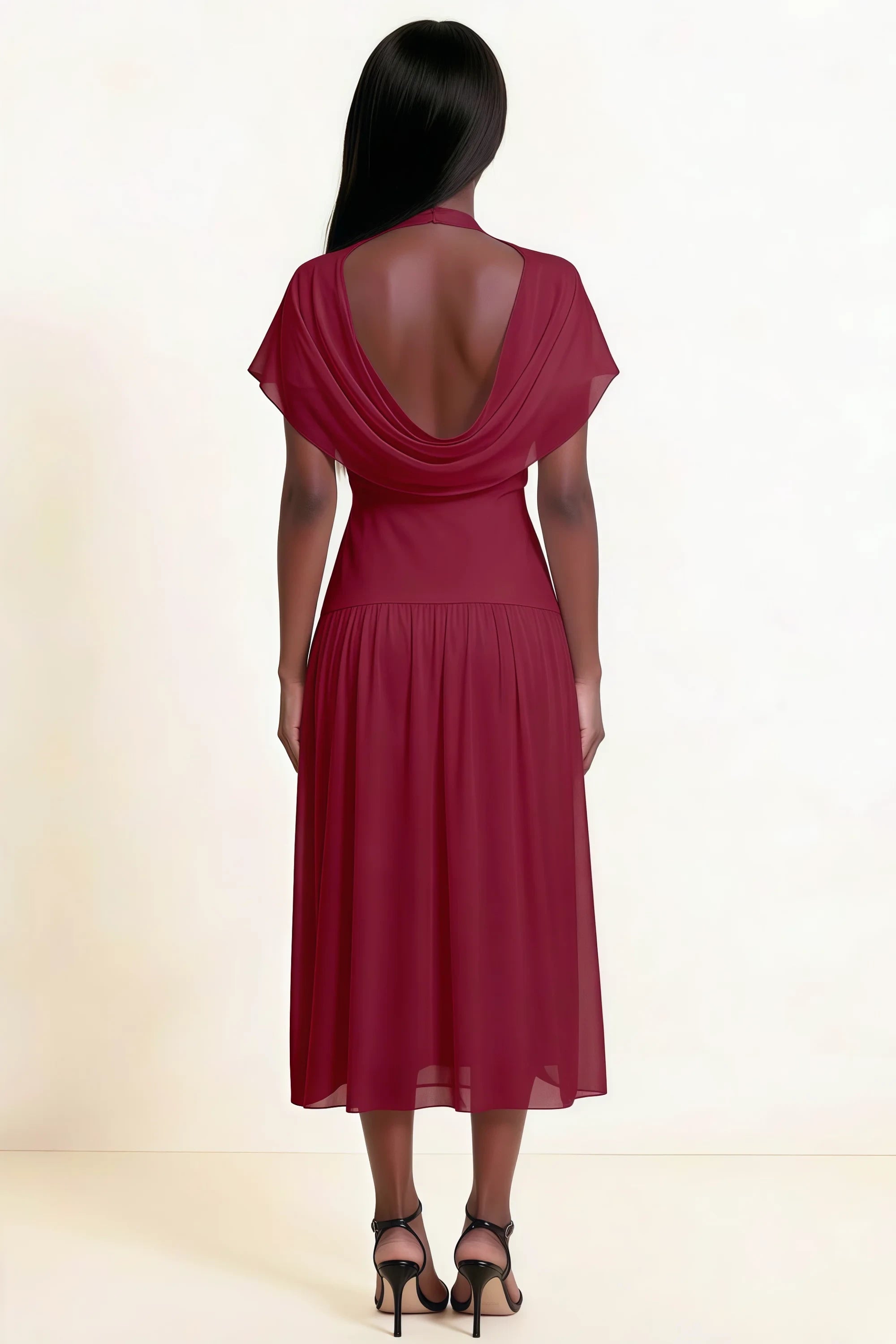 Alva Burgundy High Neck Gathered Skirt Midi Dress Imagen secundaria del producto