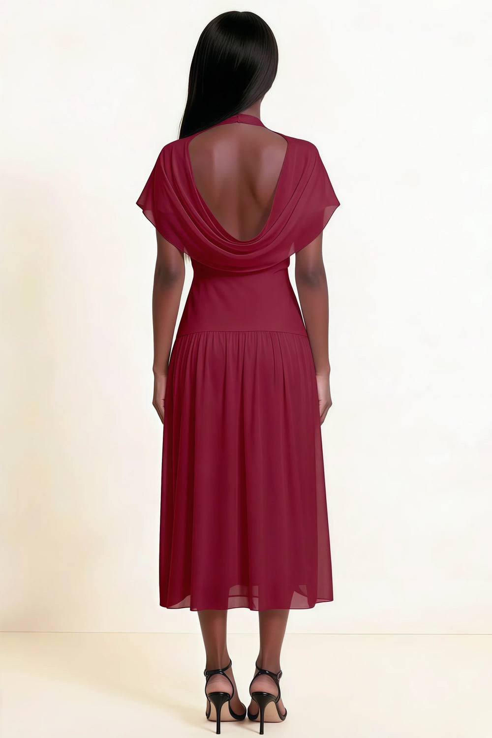 Translation missing: en.Back view of the LVLVS Alva burgundy midi dress, showing the low draped cowl back, fitted waist and gathered midi skirt. content.product_image_secondary