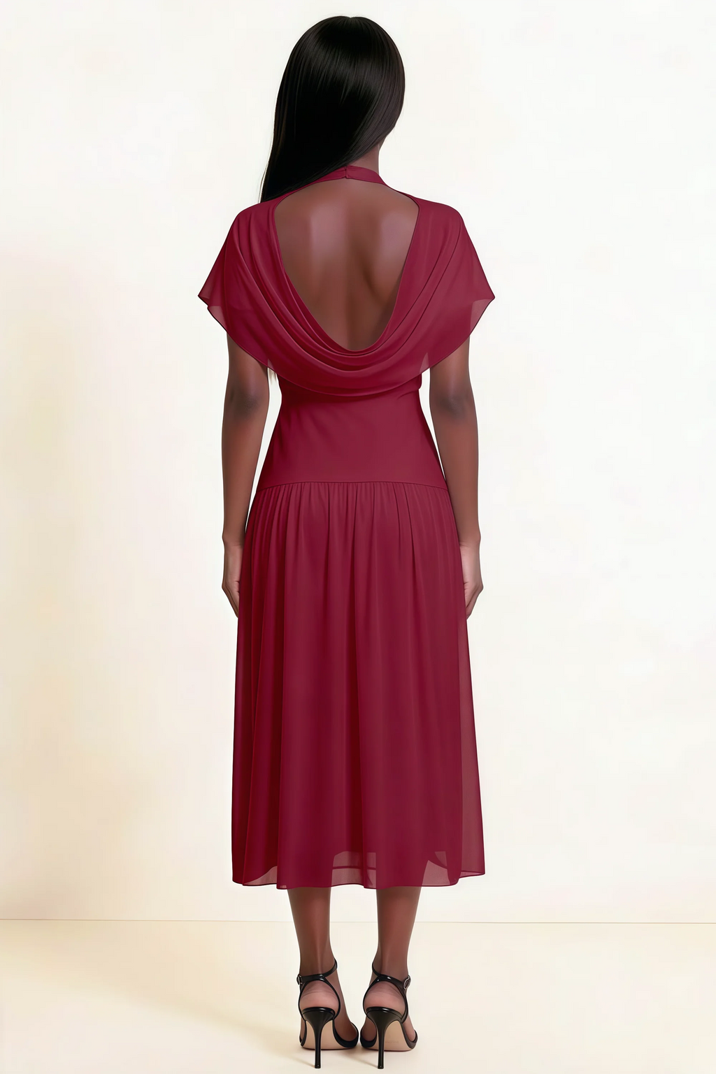 Alva Burgundy High Neck Gathered Skirt Midi Dress