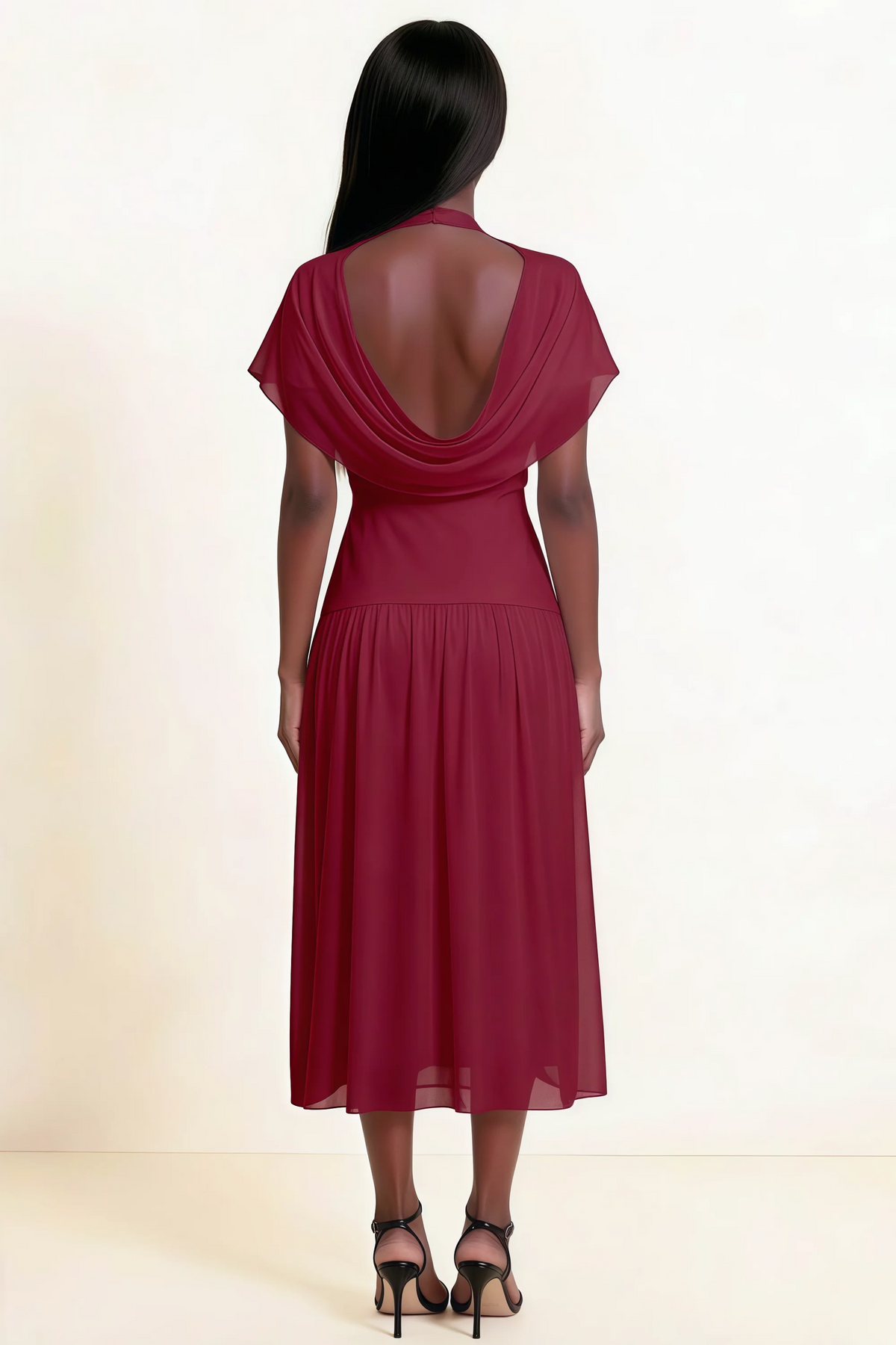 Alva Burgundy High Neck Gathered Skirt Midi Dress