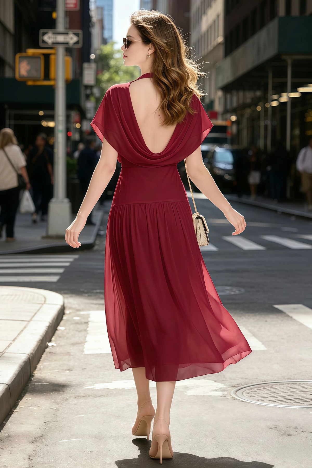 Alva Burgundy High Neck Gathered Skirt Midi Dress
