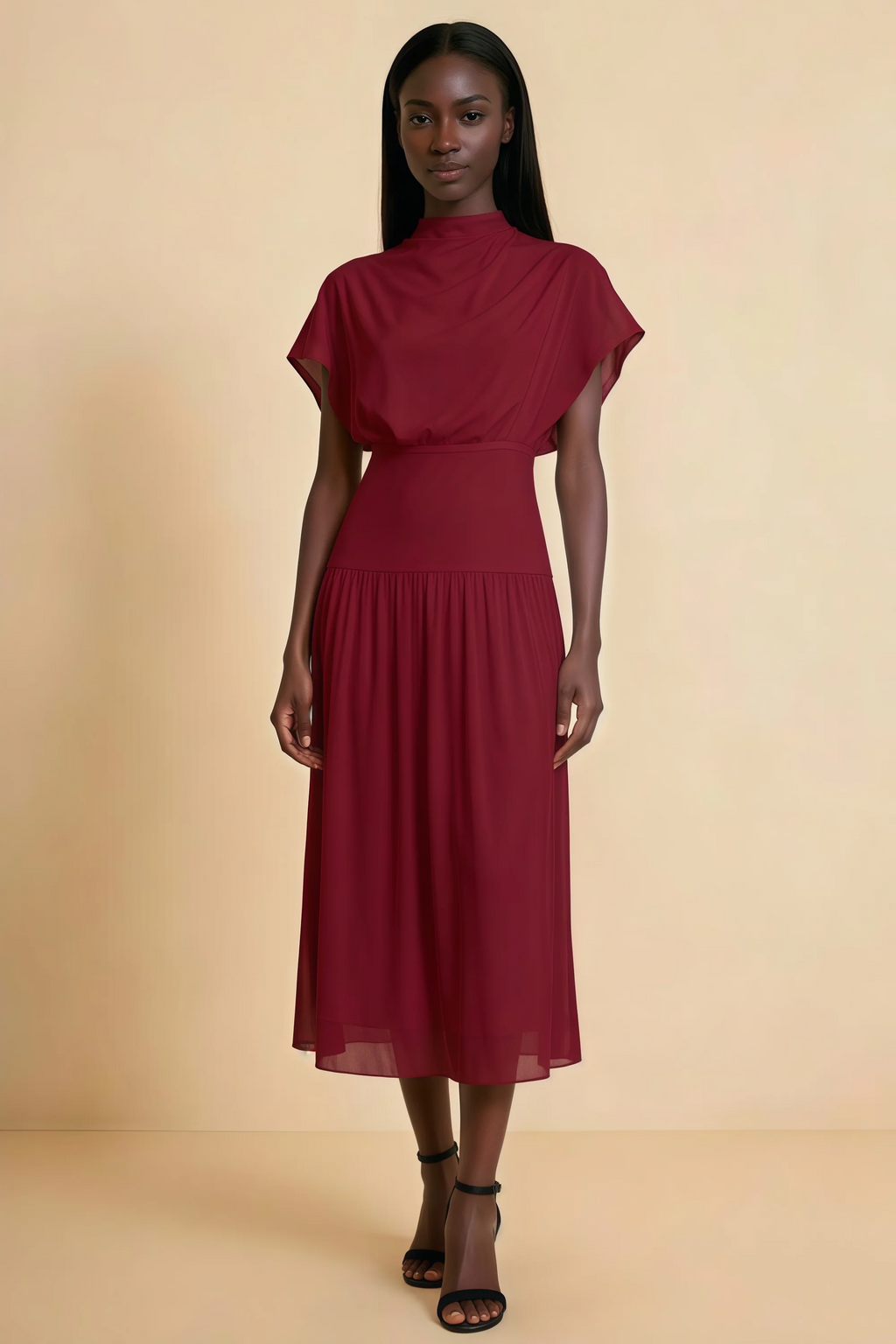 Alva Burgundy High Neck Gathered Skirt Midi Dress