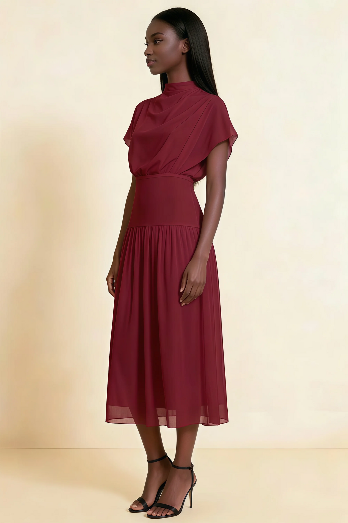 Alva Burgundy High Neck Gathered Skirt Midi Dress
