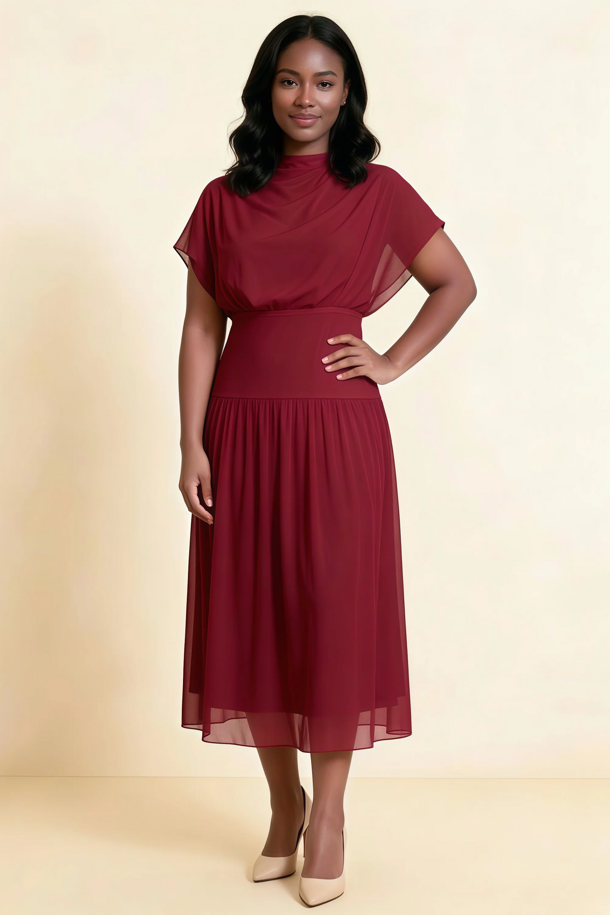 Alva Burgundy High Neck Gathered Skirt Midi Dress