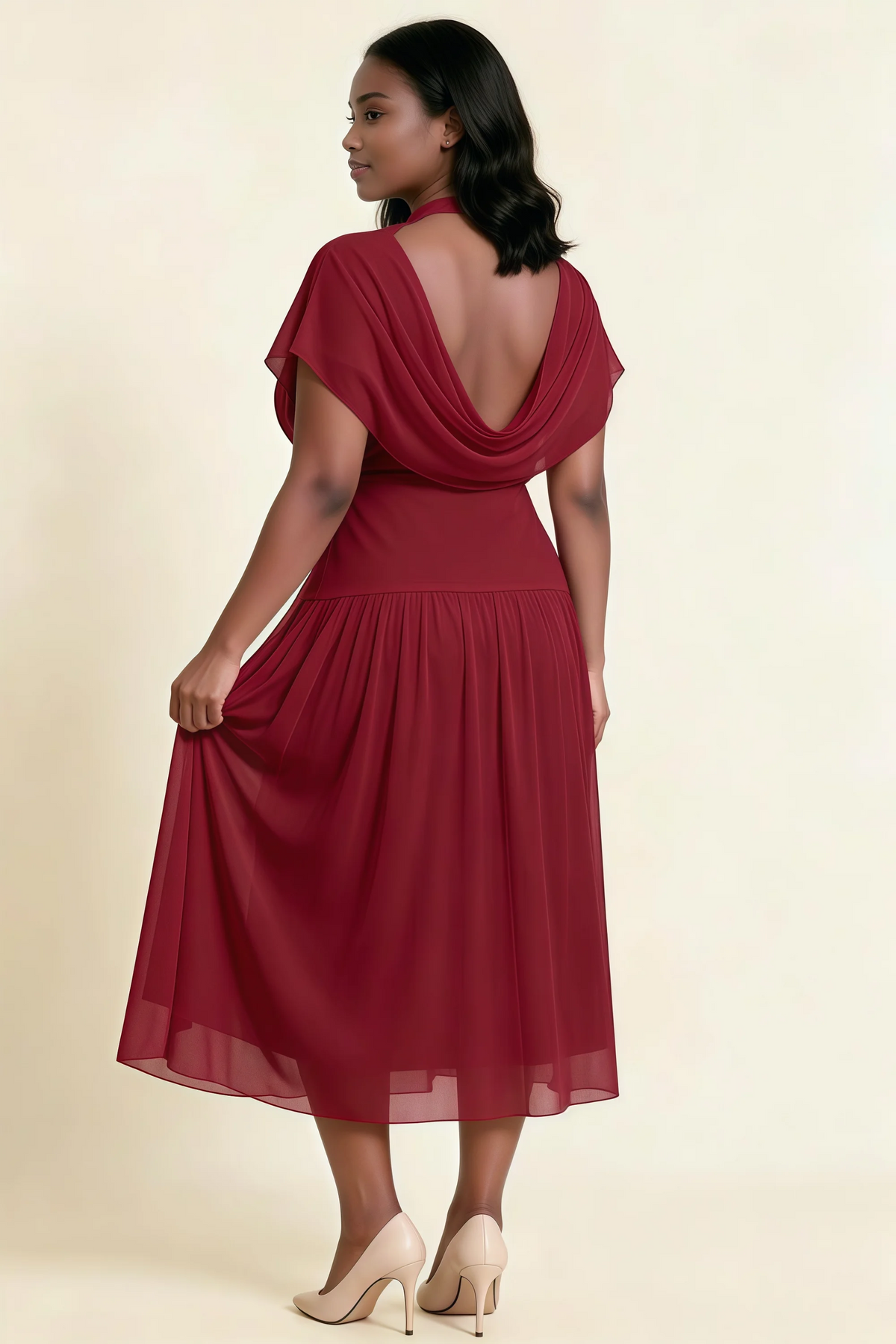Alva Burgundy High Neck Gathered Skirt Midi Dress