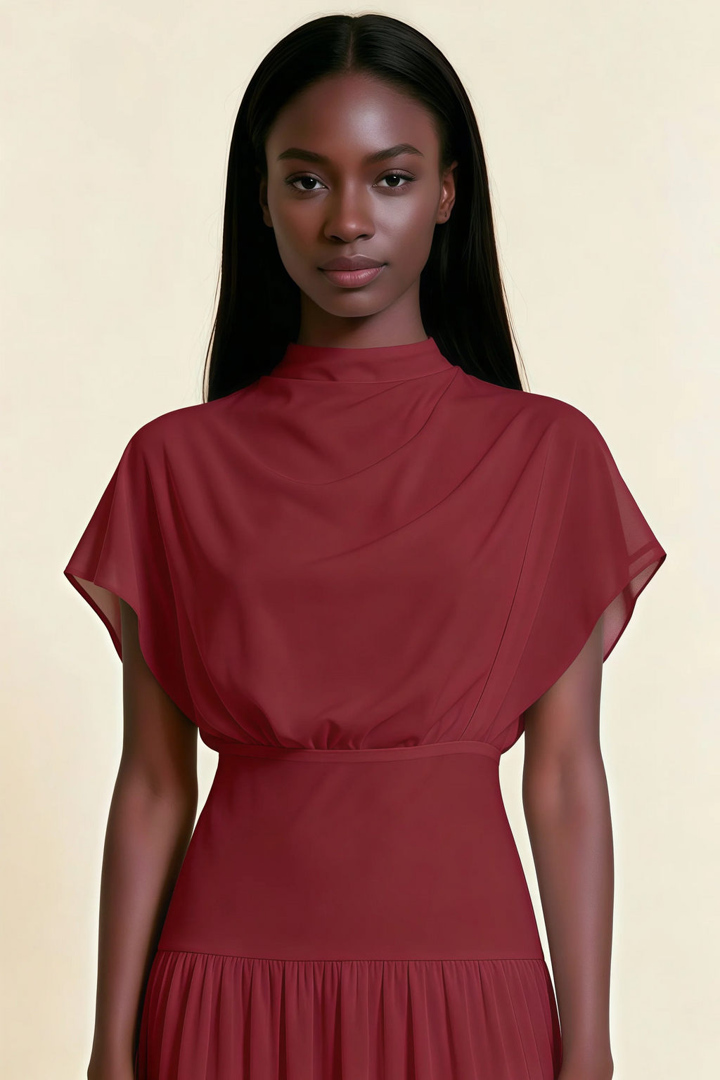 Alva Burgundy High Neck Gathered Skirt Midi Dress