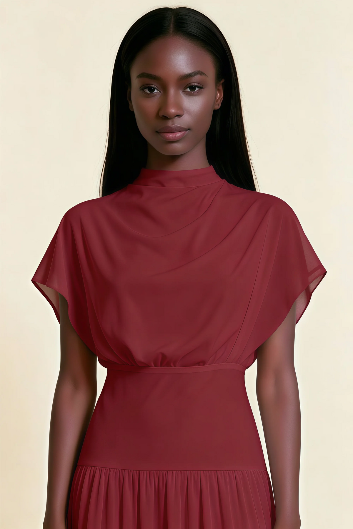 Alva Burgundy High Neck Gathered Skirt Midi Dress