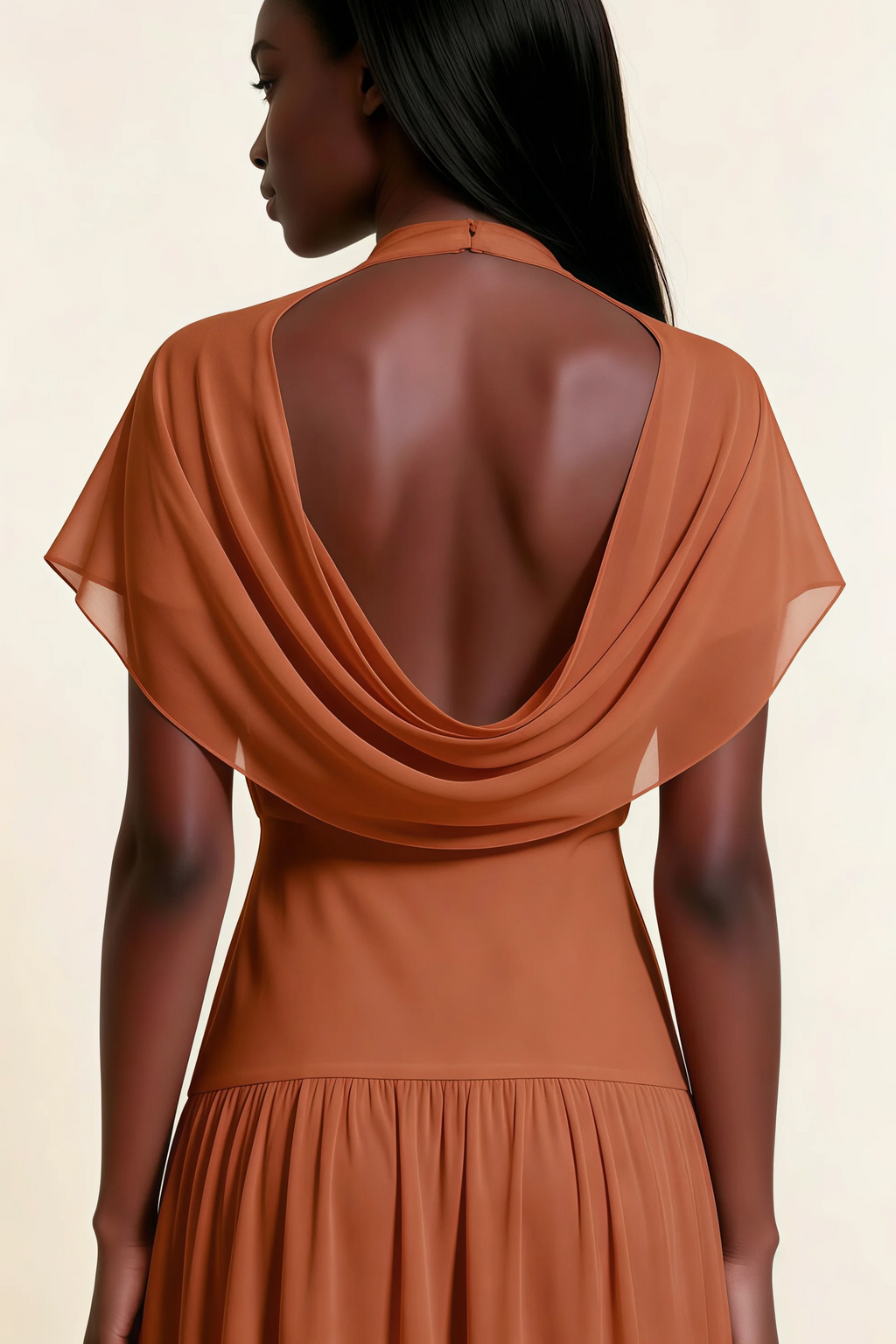Alva Burnt Orange High Neck Gathered Skirt Midi Dress