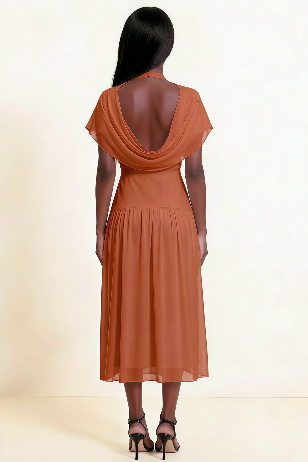 Alva Burnt Orange High Neck Gathered Skirt Midi Dress