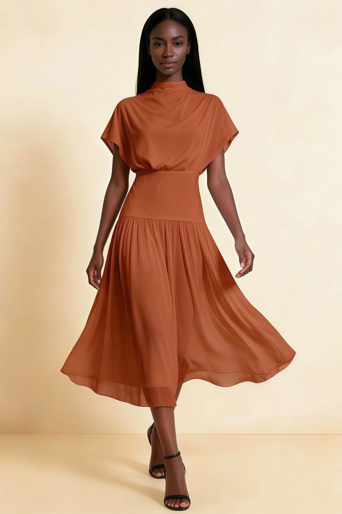 Alva Burnt Orange High Neck Gathered Skirt Midi Dress