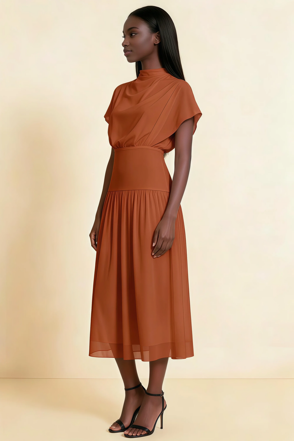 Alva Burnt Orange High Neck Gathered Skirt Midi Dress