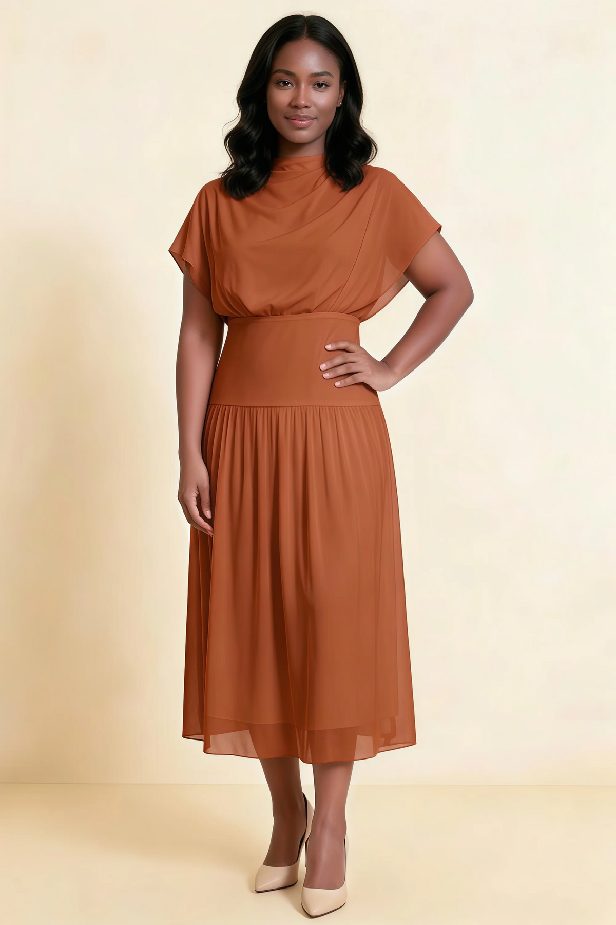 Alva Burnt Orange High Neck Gathered Skirt Midi Dress